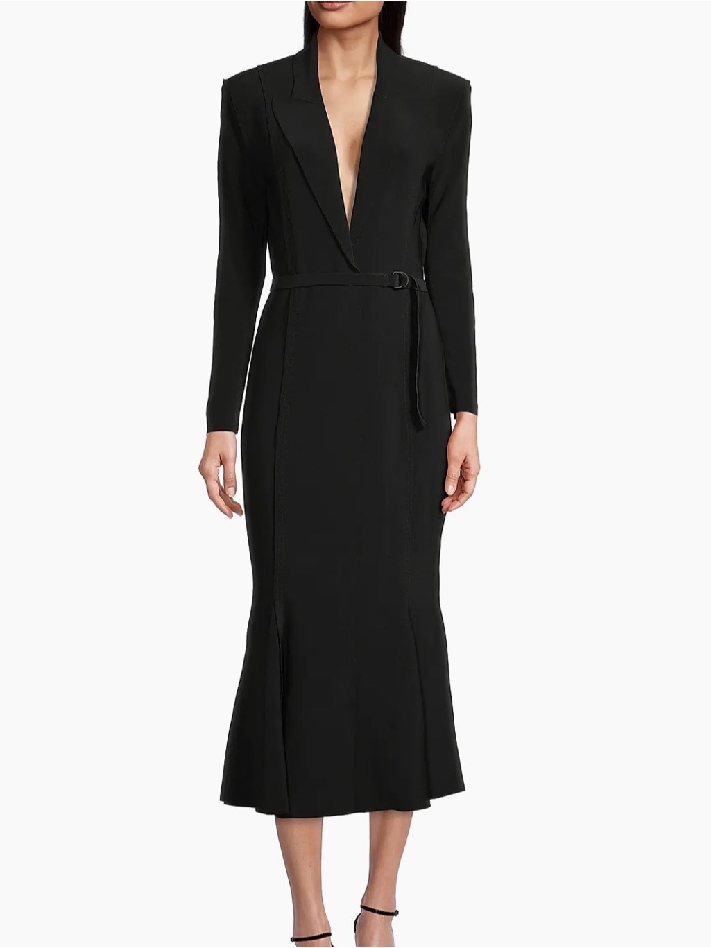 Norma Kamali Black Long Sleeve Belted V-Neck Fishtail Dress